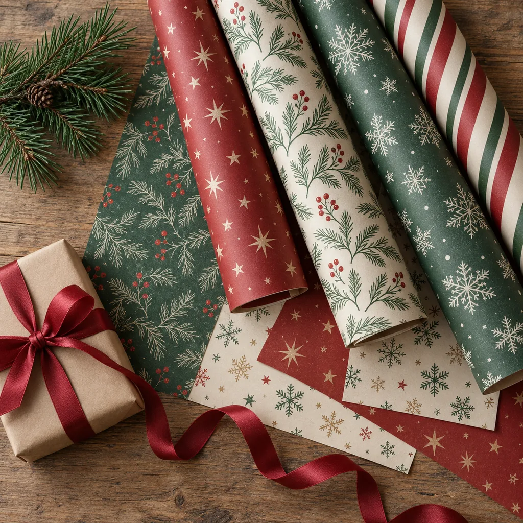 Representative photo-style image of festive assorted gift wrapping paper set — generated, not a specific product