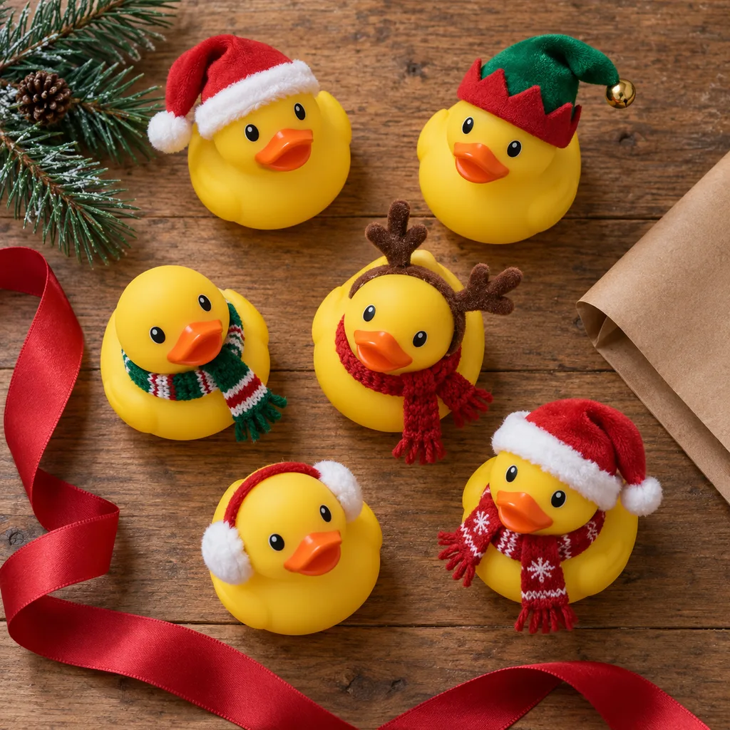 Representative photo-style image of festive holiday rubber duck collection — generated, not a specific product