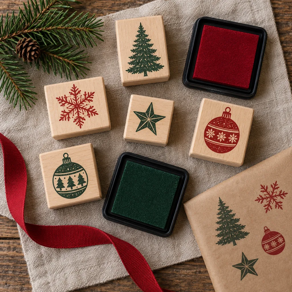 Representative photo-style image of festive holiday season stamp collection — generated, not a specific product