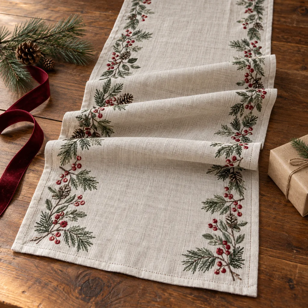 Representative photo-style image of festive tablecloth or runner — generated, not a specific product