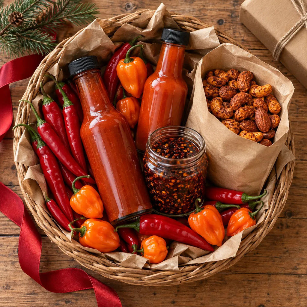 Representative photo-style image of fiery spicy food enthusiast basket — generated, not a specific product