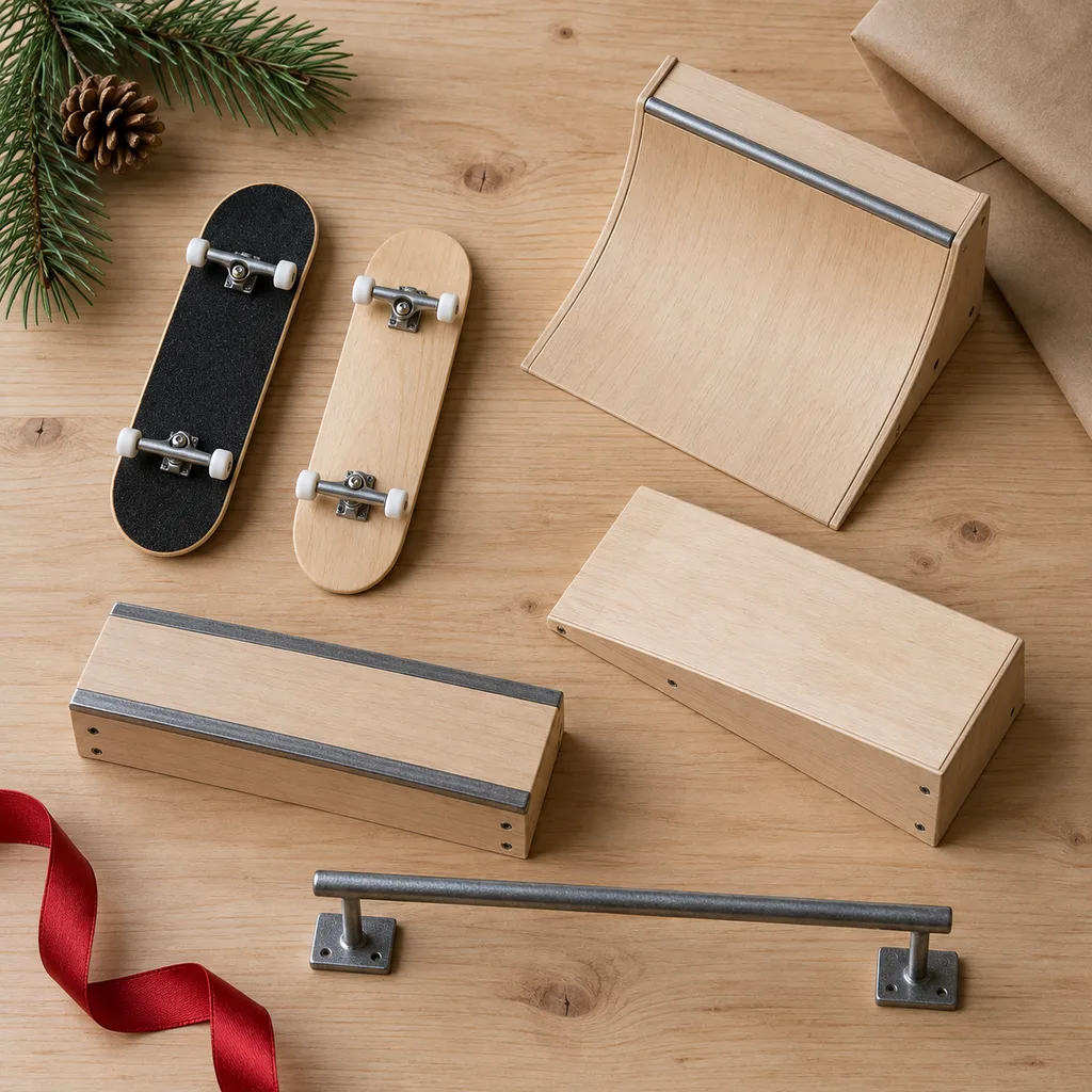 Representative photo-style image of fingerboard obstacle course kit — generated, not a specific product