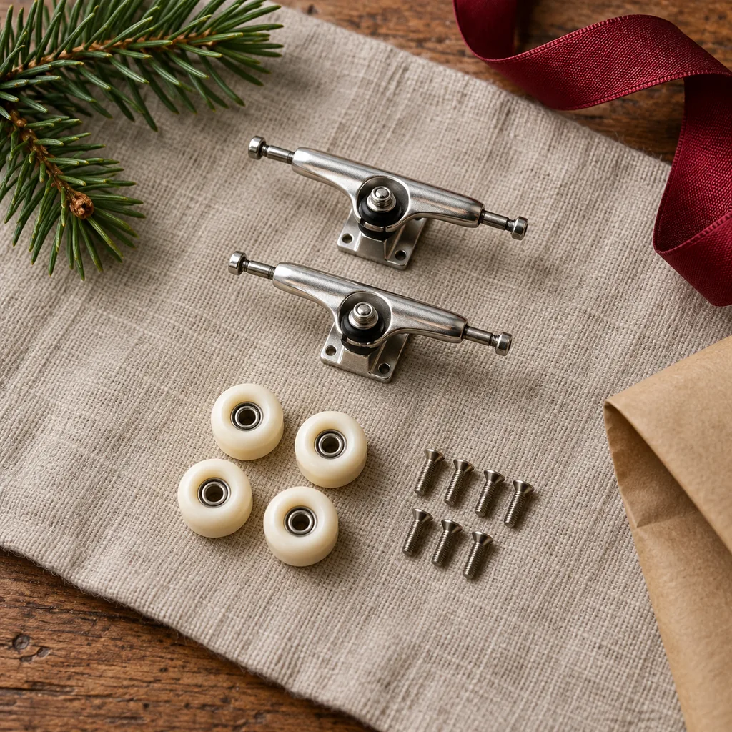 Representative photo-style image of fingerboard wheel and truck upgrade pack — generated, not a specific product