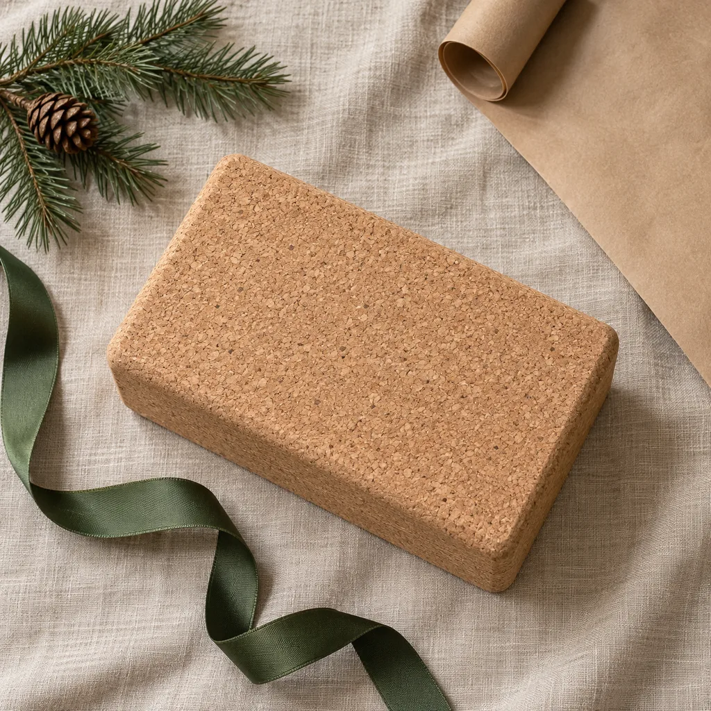 Representative photo-style image of firm natural cork yoga block — generated, not a specific product
