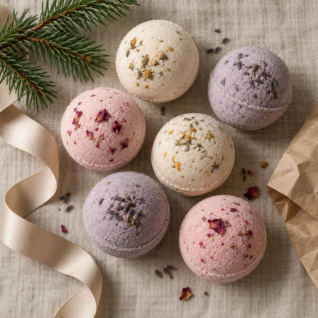 Representative photo-style image of fizzy aromatic bath bombs — generated, not a specific product