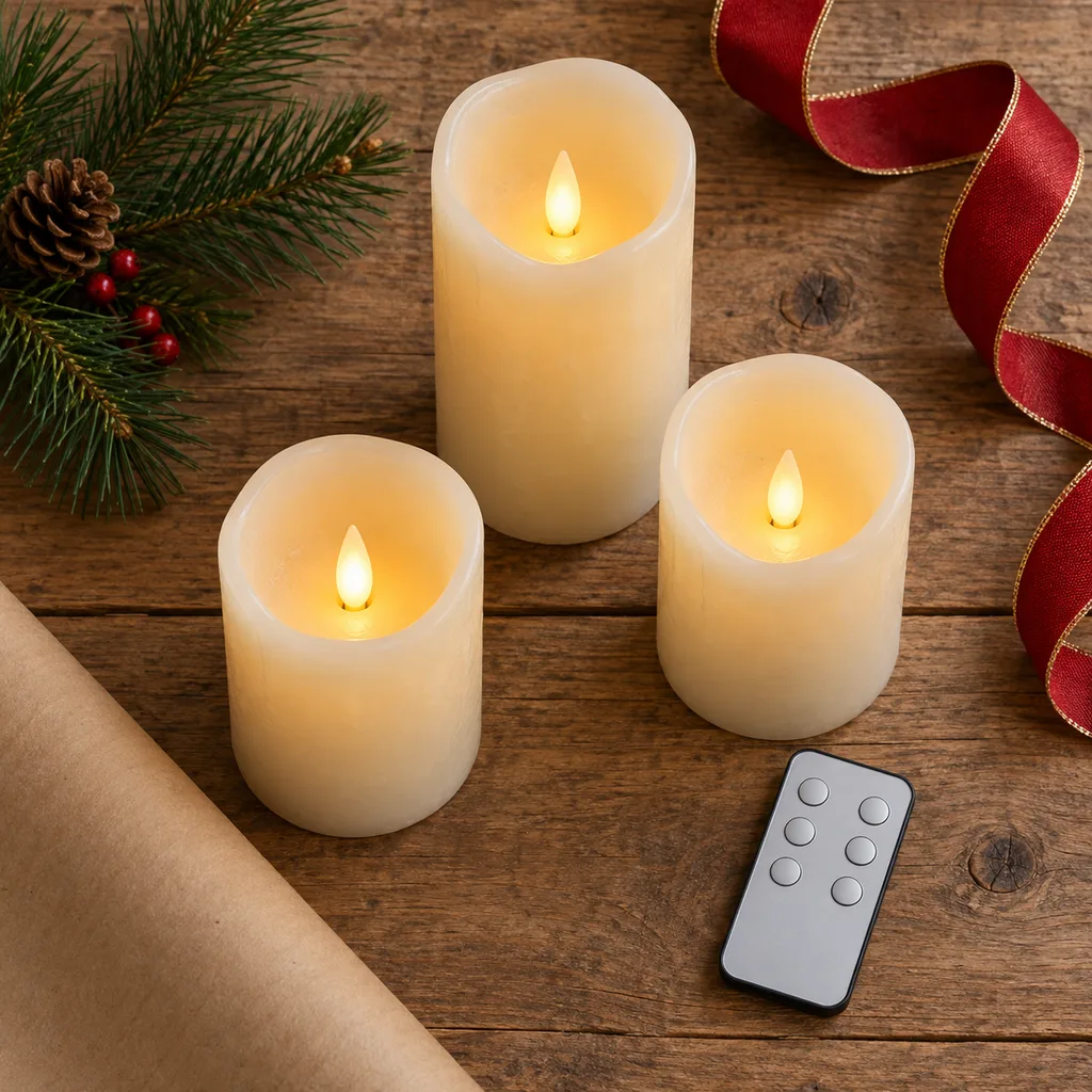 Representative photo-style image of flameless candles with remote control — generated, not a specific product