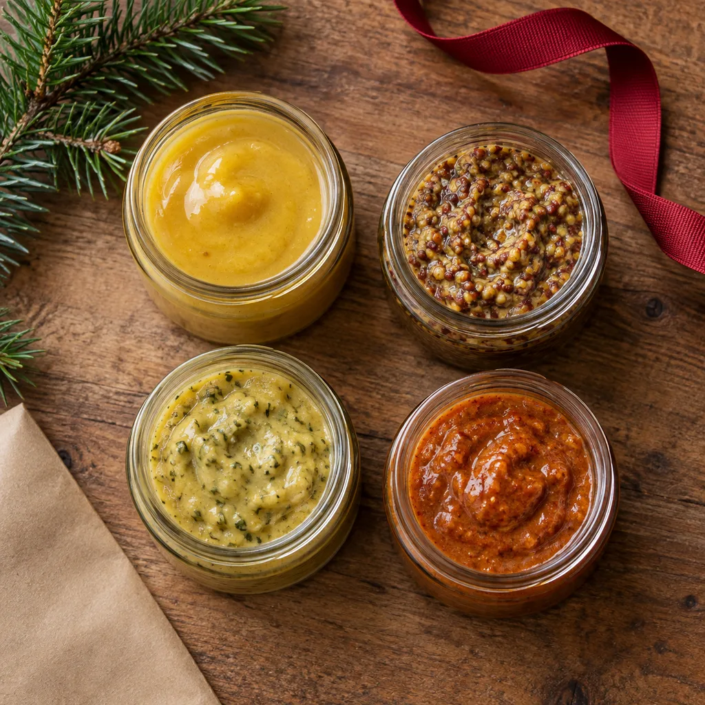 Representative photo-style image of flavored mustard assortment — generated, not a specific product