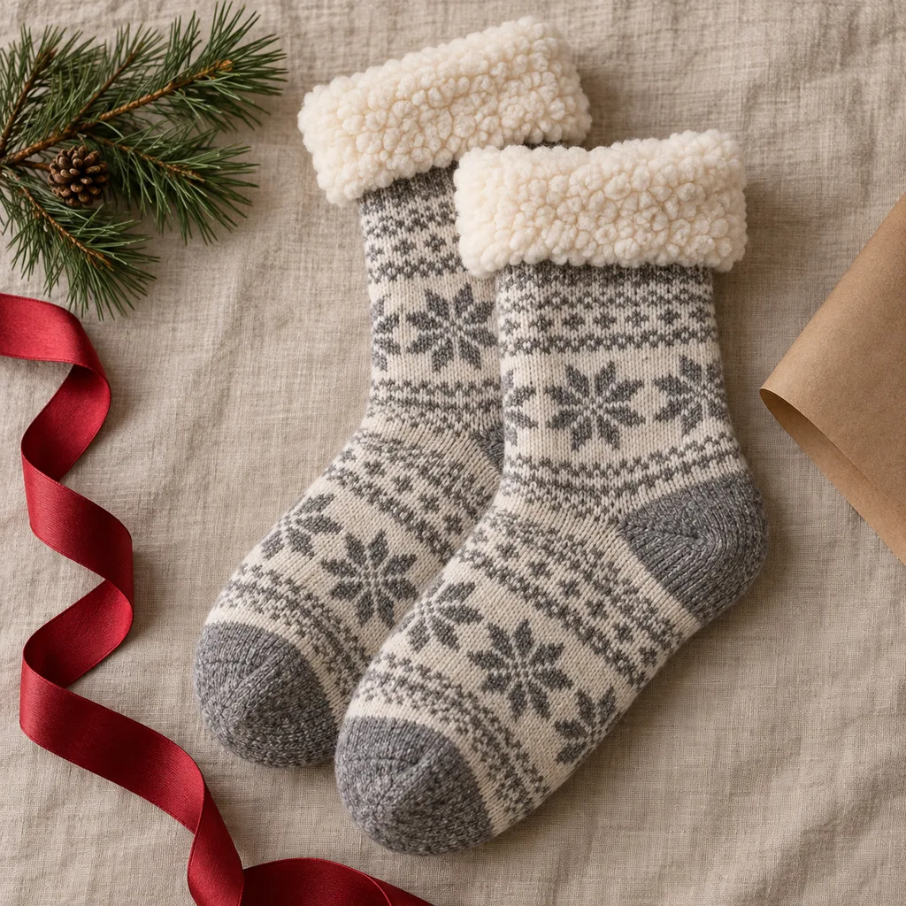 Representative photo-style image of fleece-lined cozy socks — generated, not a specific product