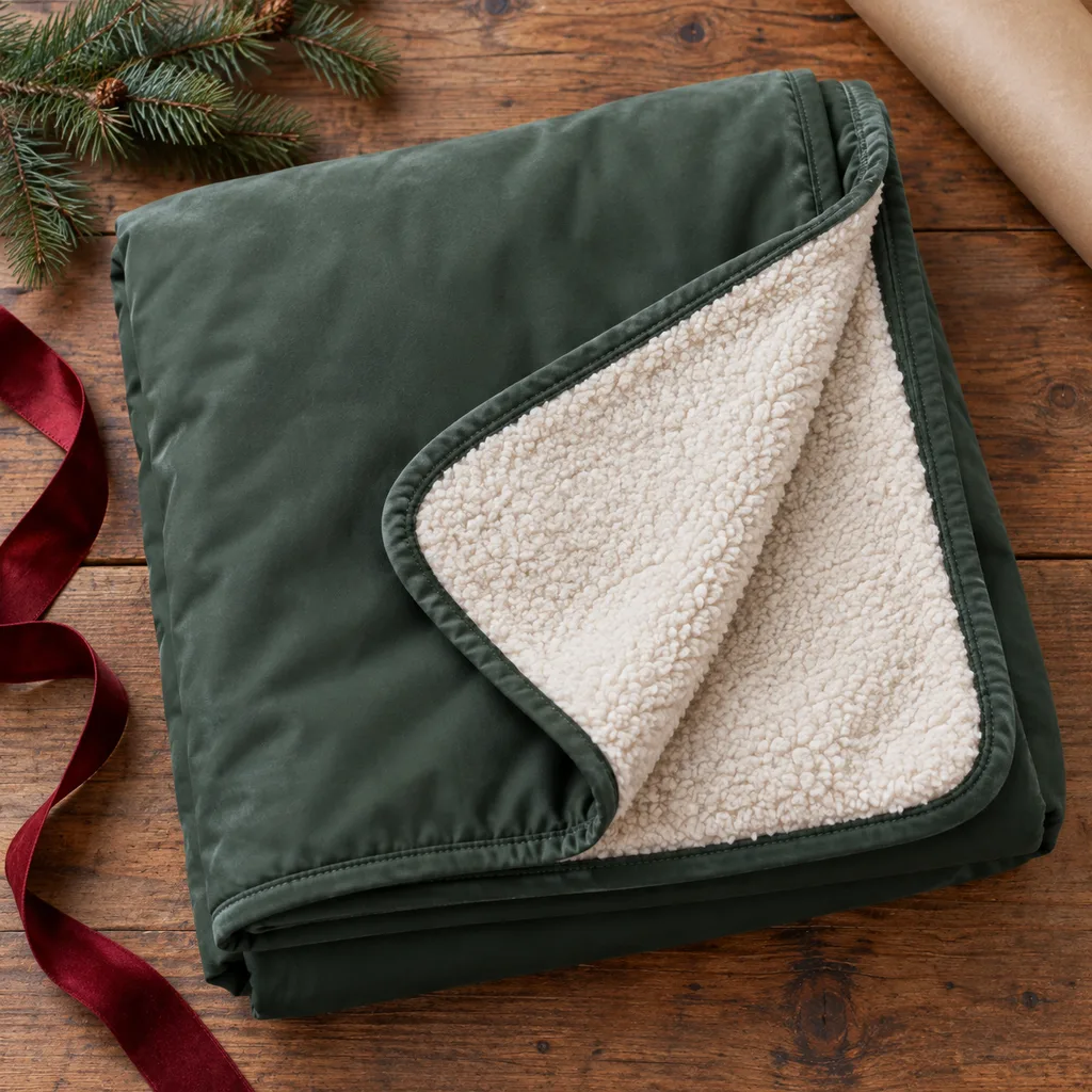 Representative photo-style image of fleece-lined outdoor throw — generated, not a specific product