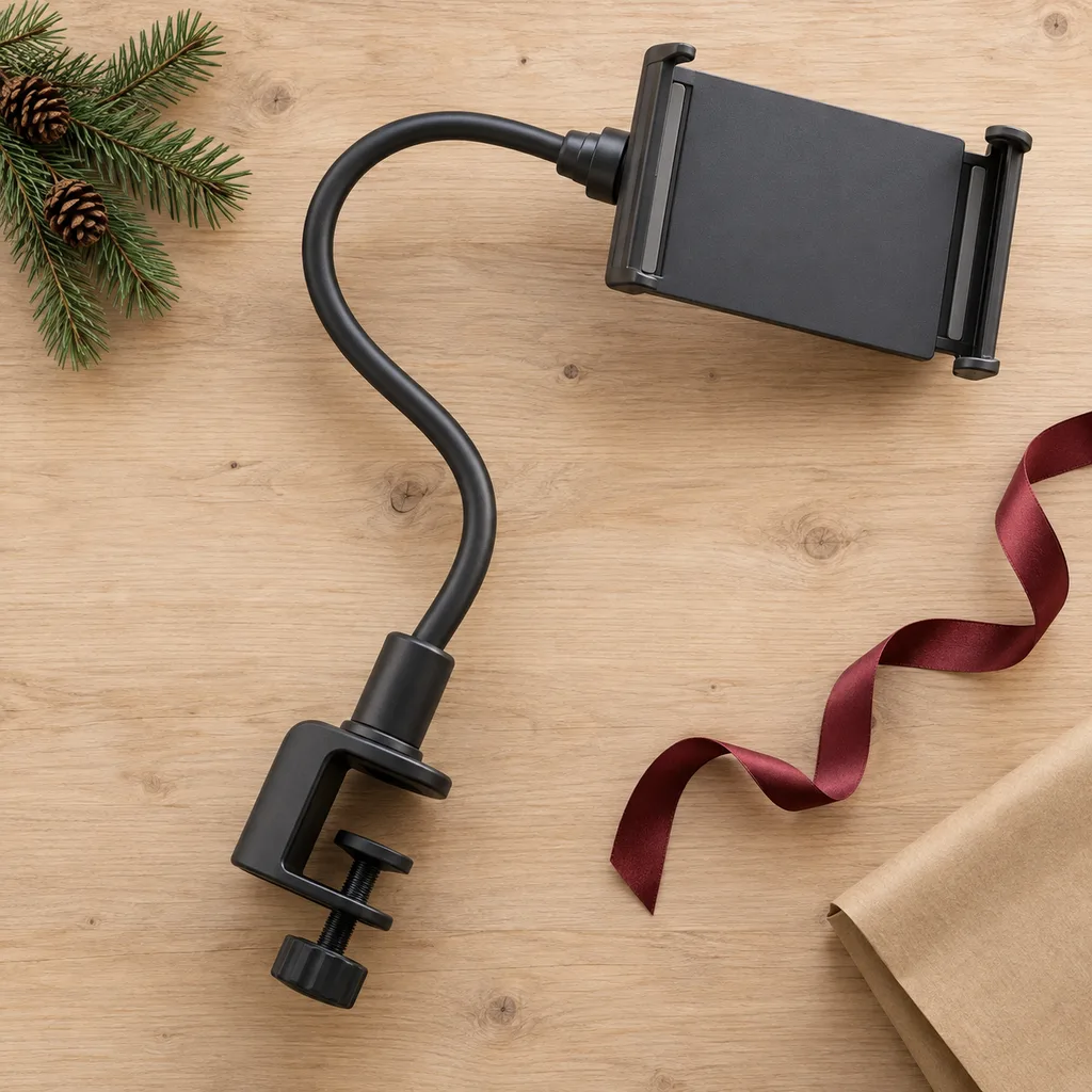 Representative photo-style image of flexible bedside tablet gooseneck holder — generated, not a specific product