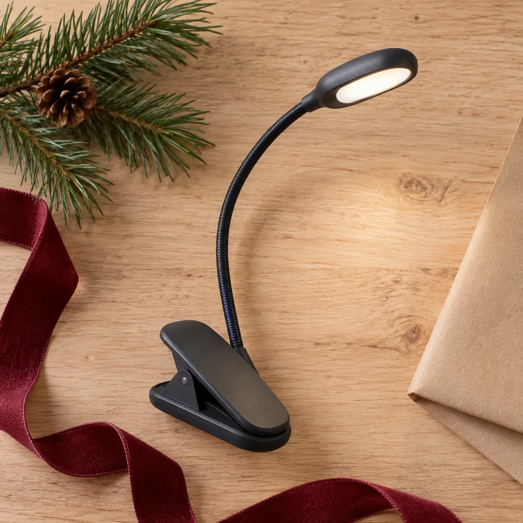 Representative photo-style image of flexible gooseneck book light — generated, not a specific product