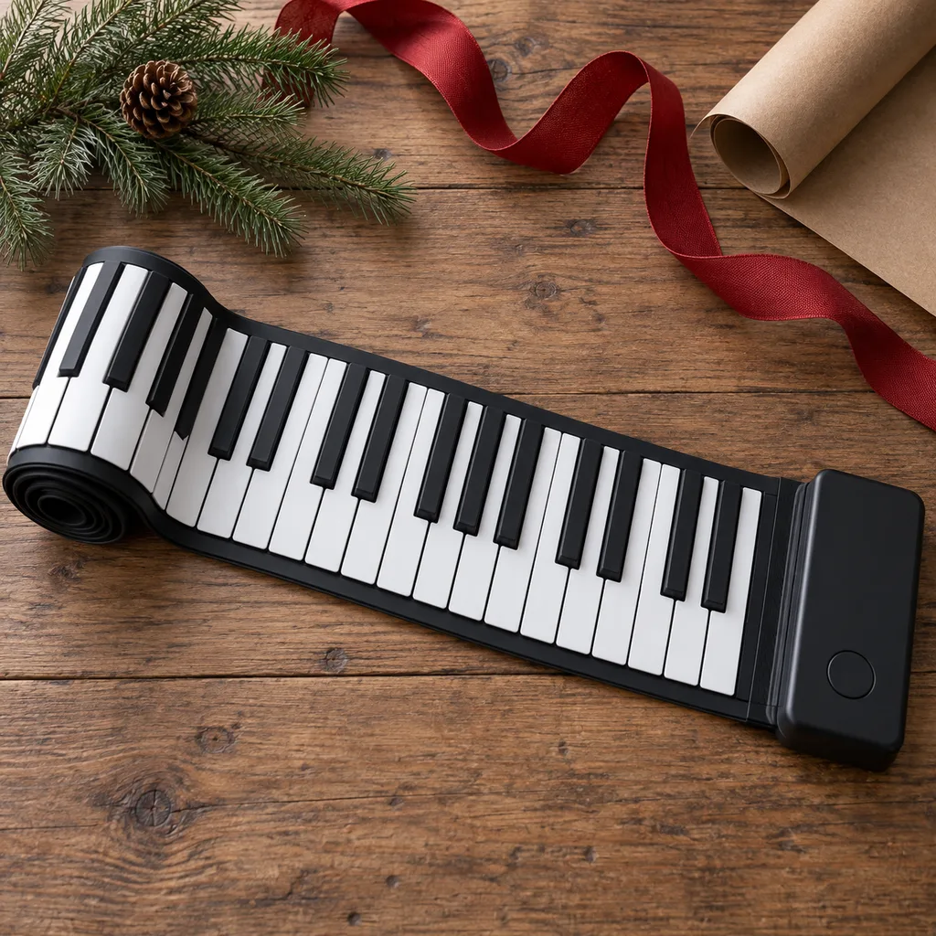 Representative photo-style image of flexible roll-up piano keyboard — generated, not a specific product