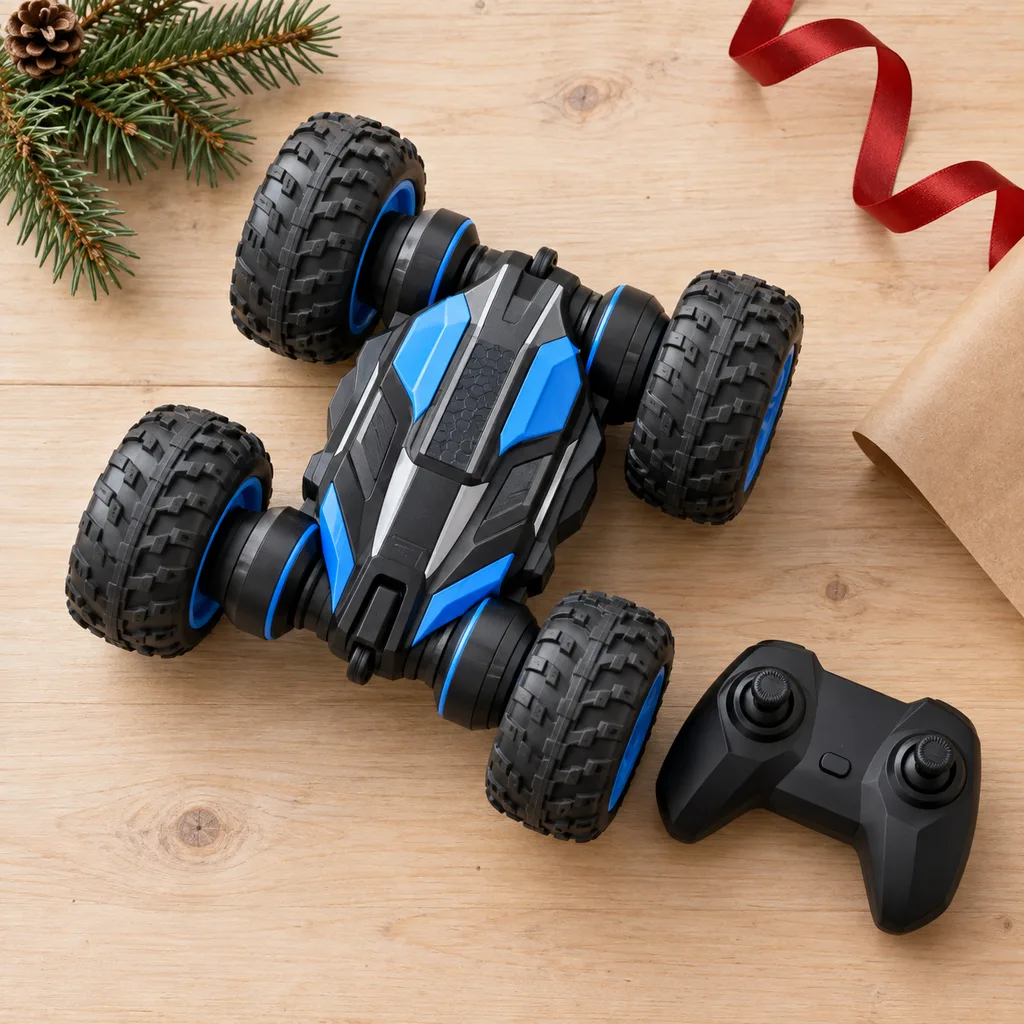 Representative photo-style image of flipping and spinning rc stunt vehicle — generated, not a specific product