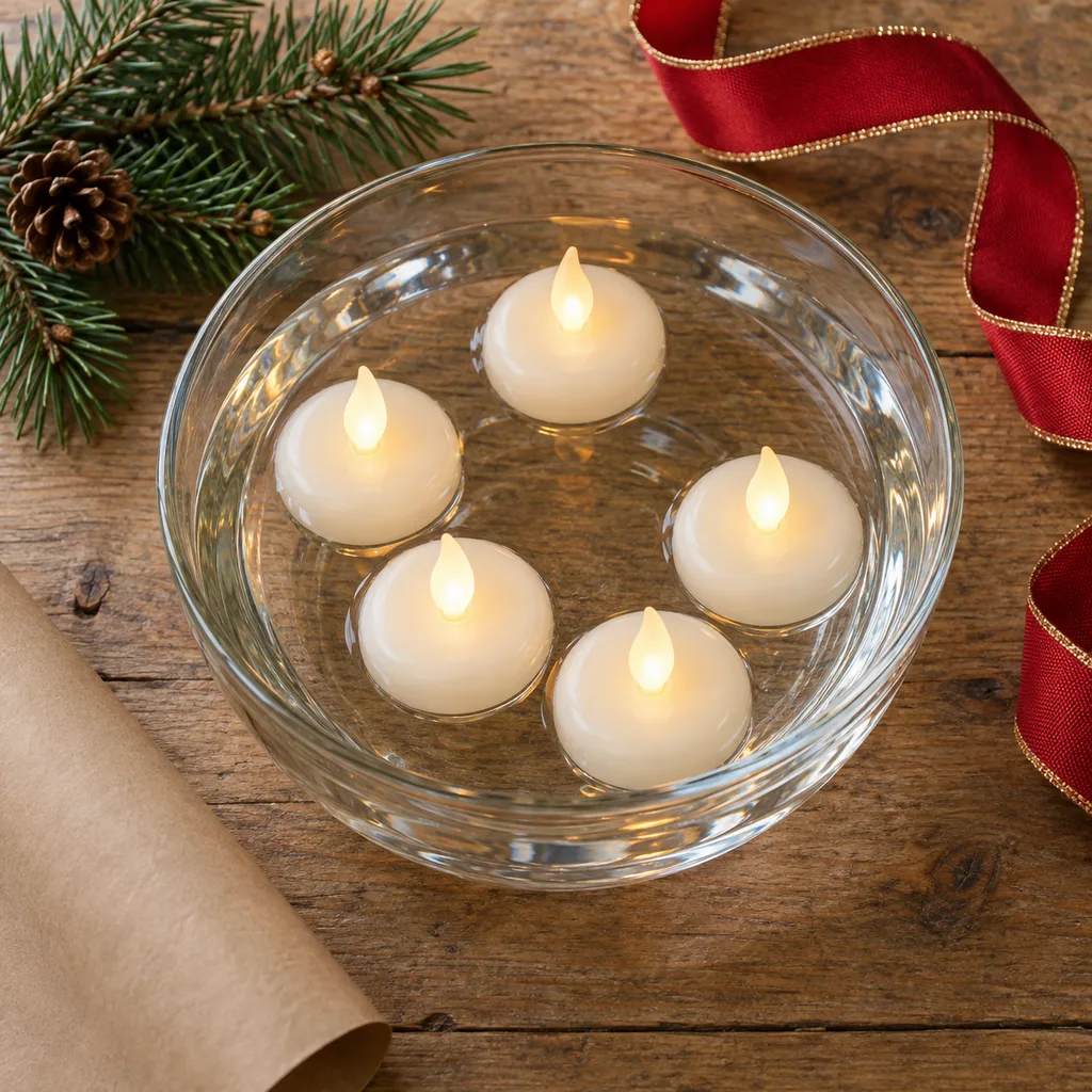 Representative photo-style image of floating flameless candles — generated, not a specific product