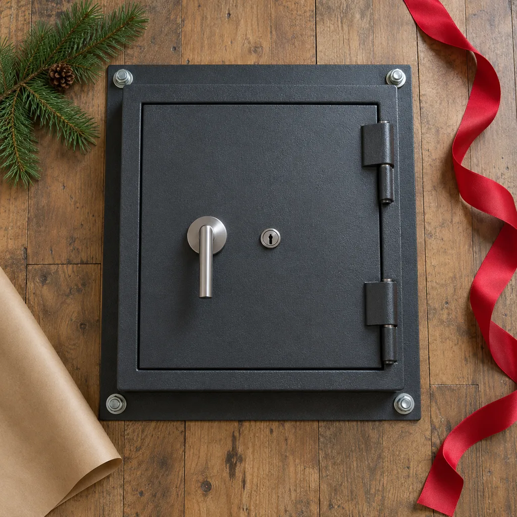 Representative photo-style image of floor anchored security vault — generated, not a specific product