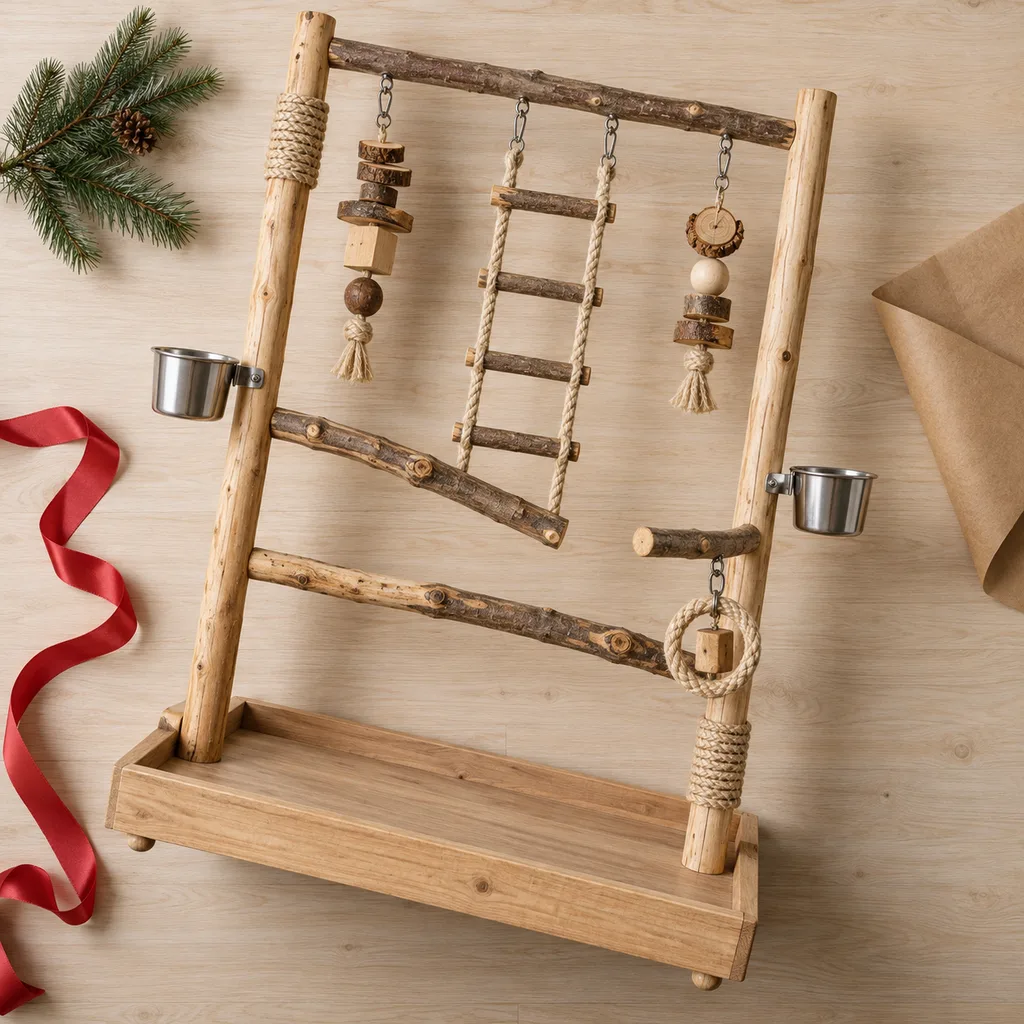 Representative photo-style image of floor-standing bird activity center — generated, not a specific product
