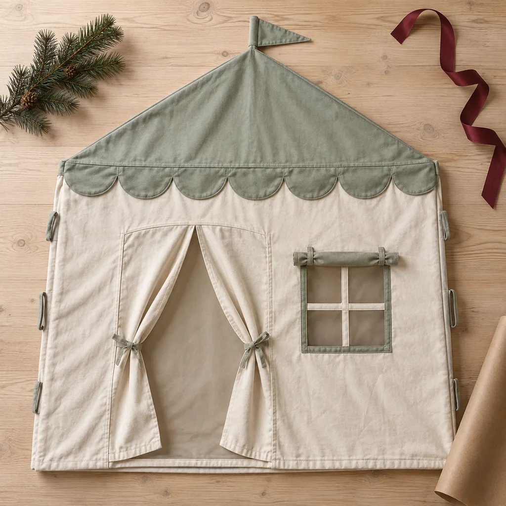 Representative photo-style image of foldable fabric play tent — generated, not a specific product
