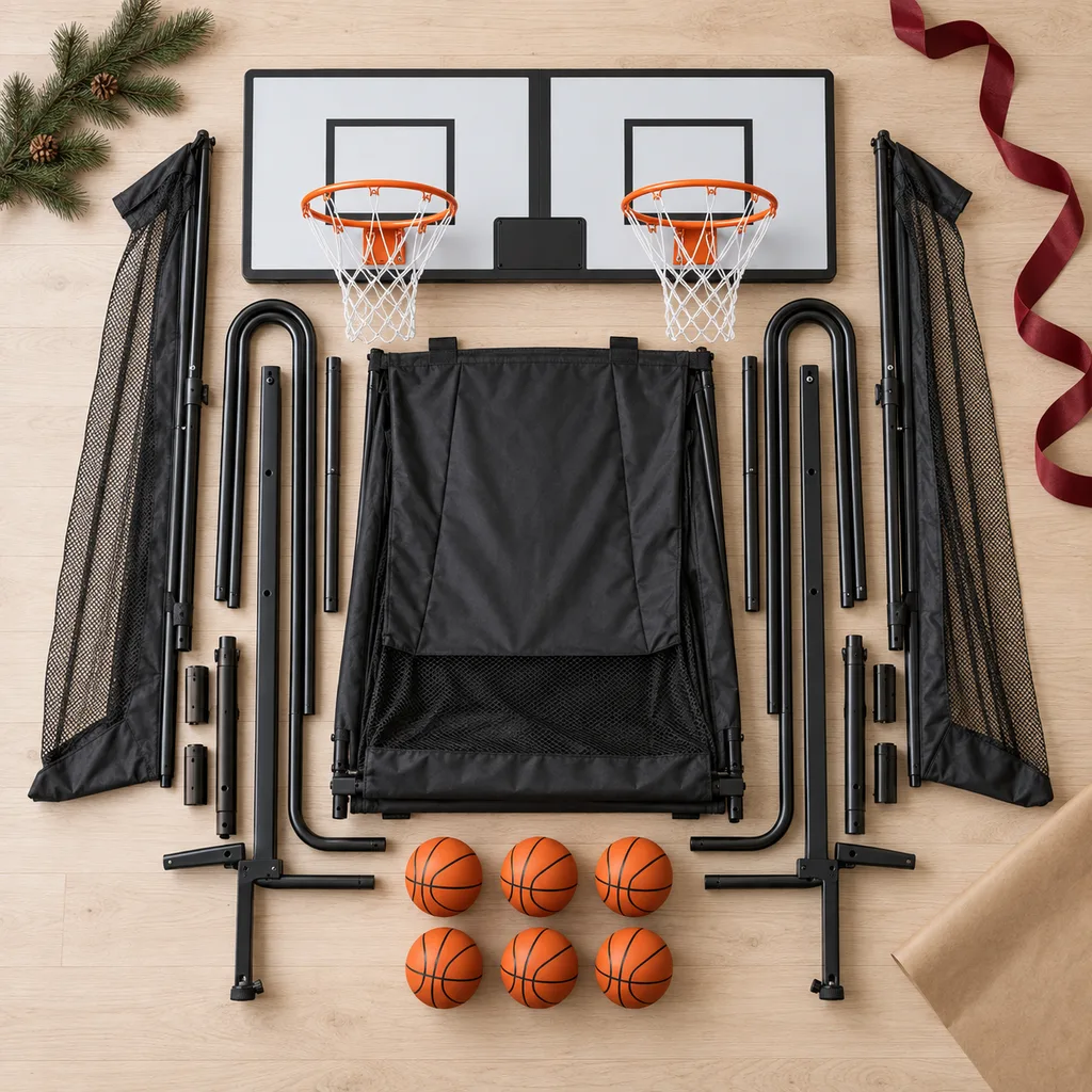 Representative photo-style image of foldable home arcade hoops system — generated, not a specific product