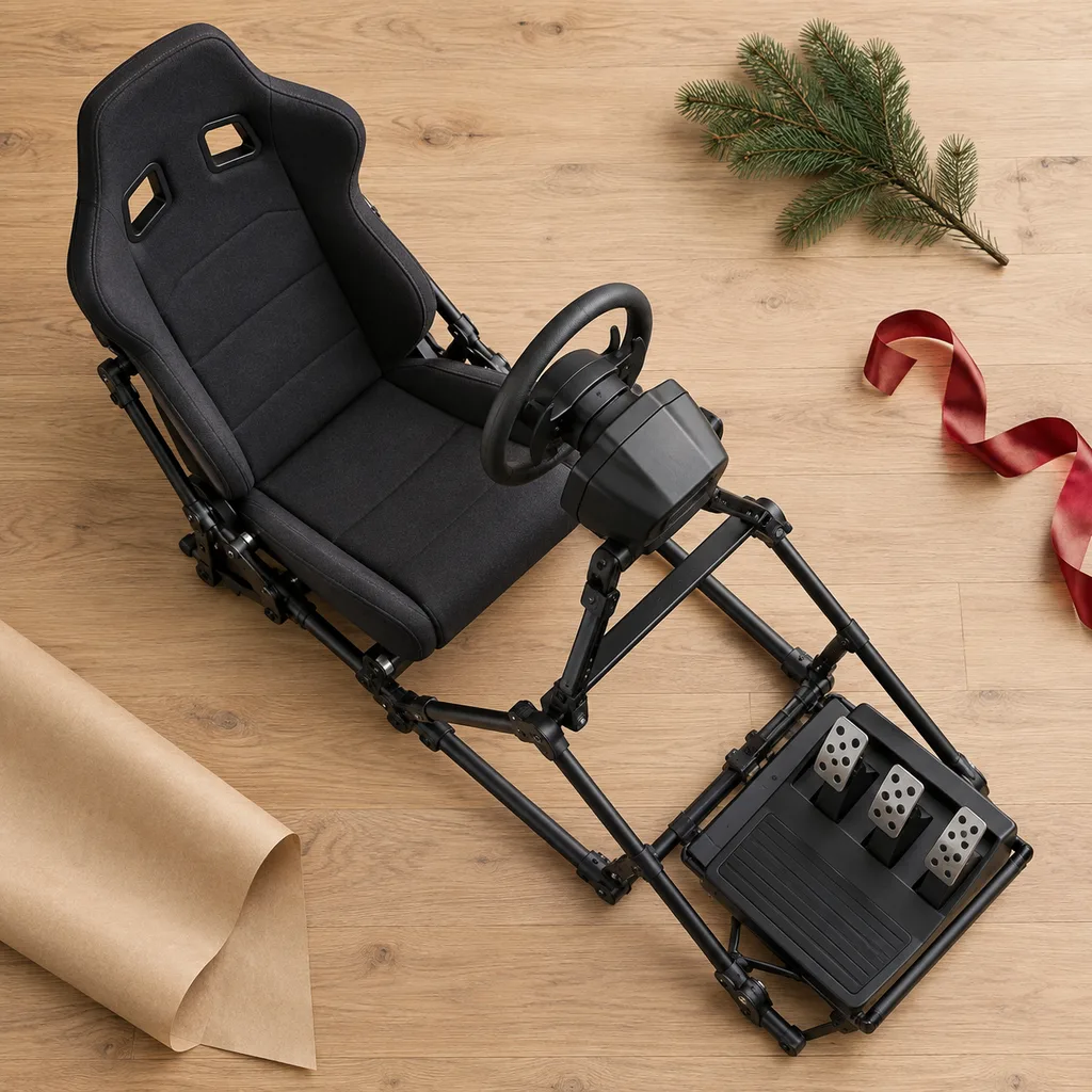Representative photo-style image of foldable sim racing cockpit — generated, not a specific product