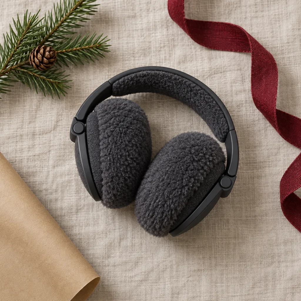 Representative photo-style image of foldable travel earmuffs — generated, not a specific product