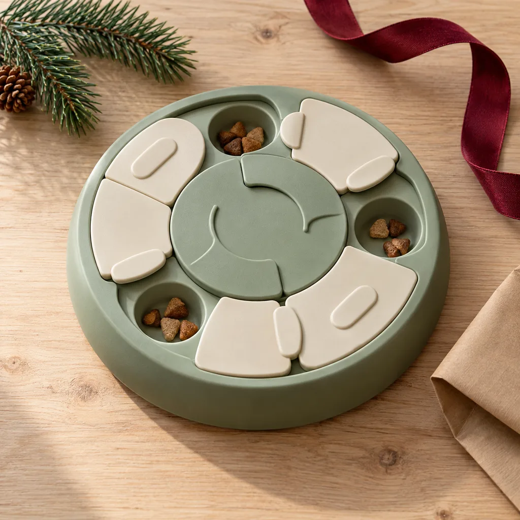 Representative photo-style image of food dispensing puzzle cat toy — generated, not a specific product