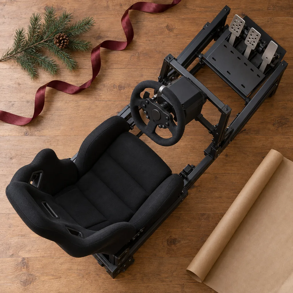 Representative photo-style image of formula style sim racing cockpit — generated, not a specific product