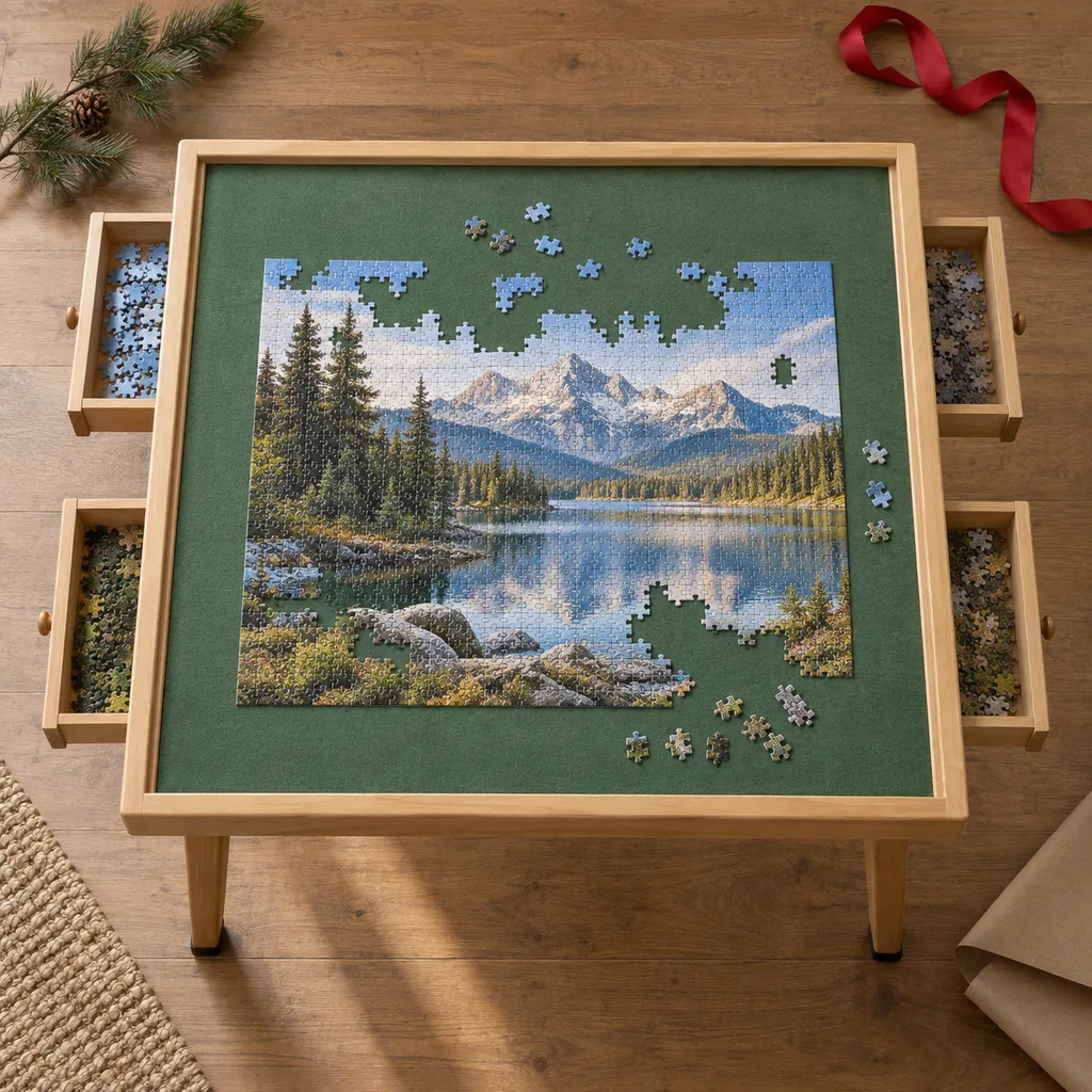 Representative photo-style image of freestanding dedicated puzzle table — generated, not a specific product