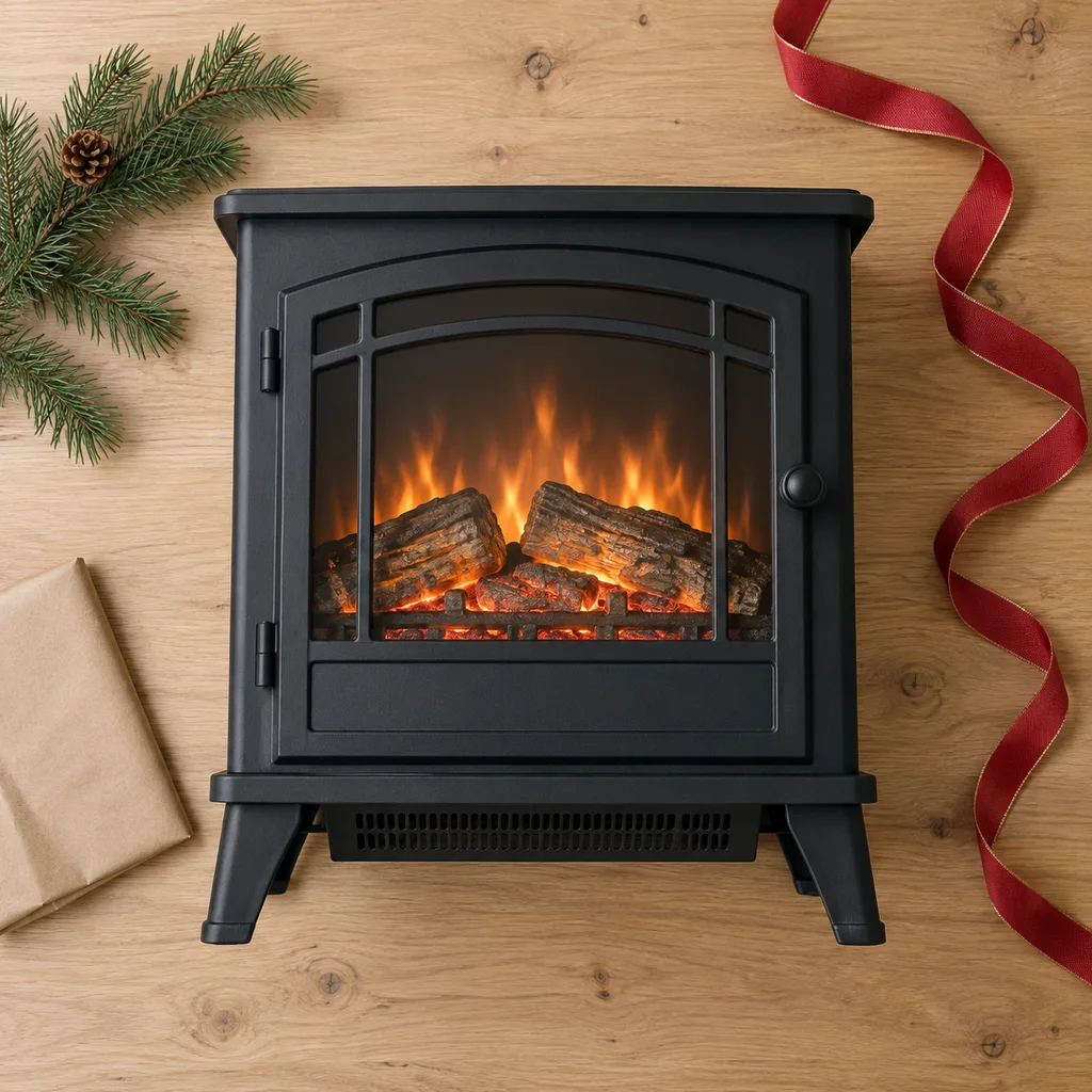 Representative photo-style image of freestanding electric fireplace stove — generated, not a specific product