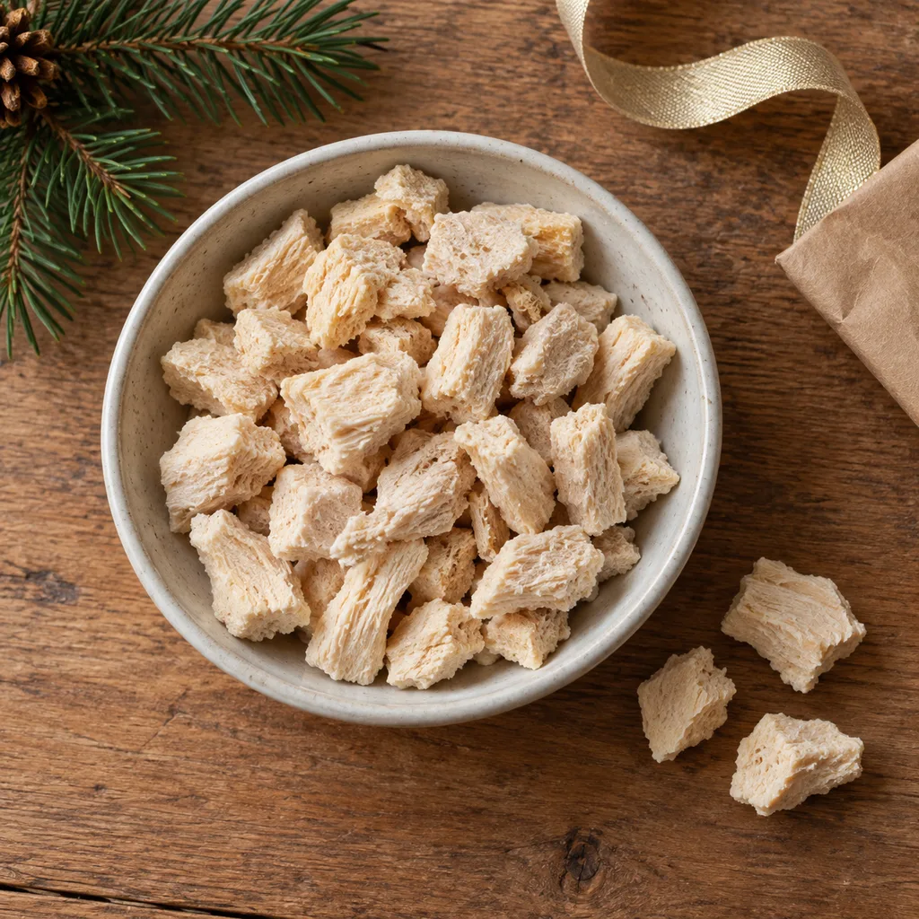 Representative photo-style image of freeze-dried single ingredient cat treats — generated, not a specific product