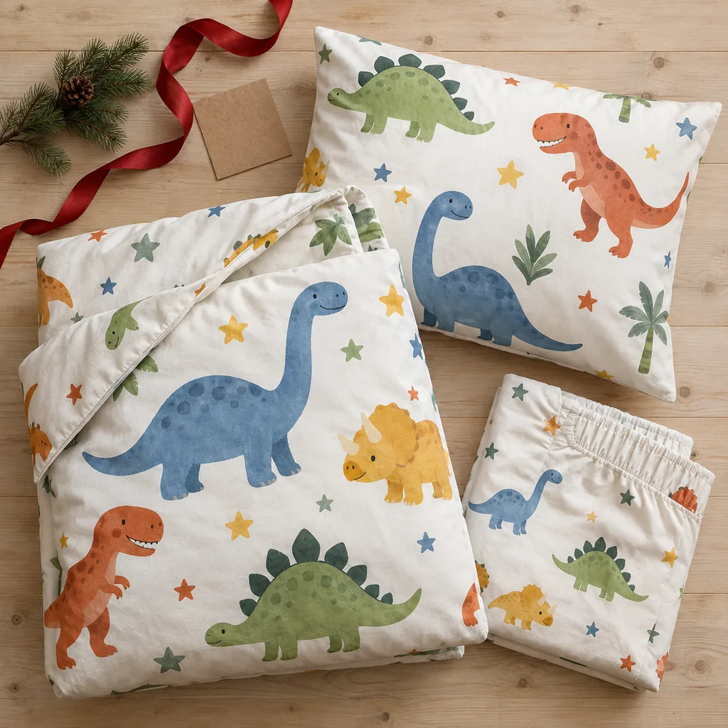 Representative photo-style image of fun children's themed bedding set — generated, not a specific product