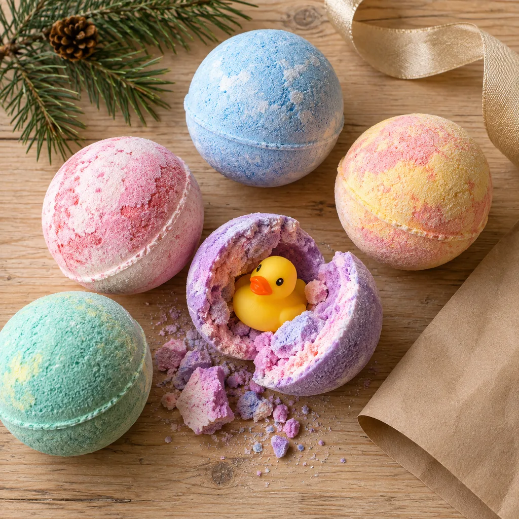 Representative photo-style image of fun kids' bath bombs with surprise — generated, not a specific product