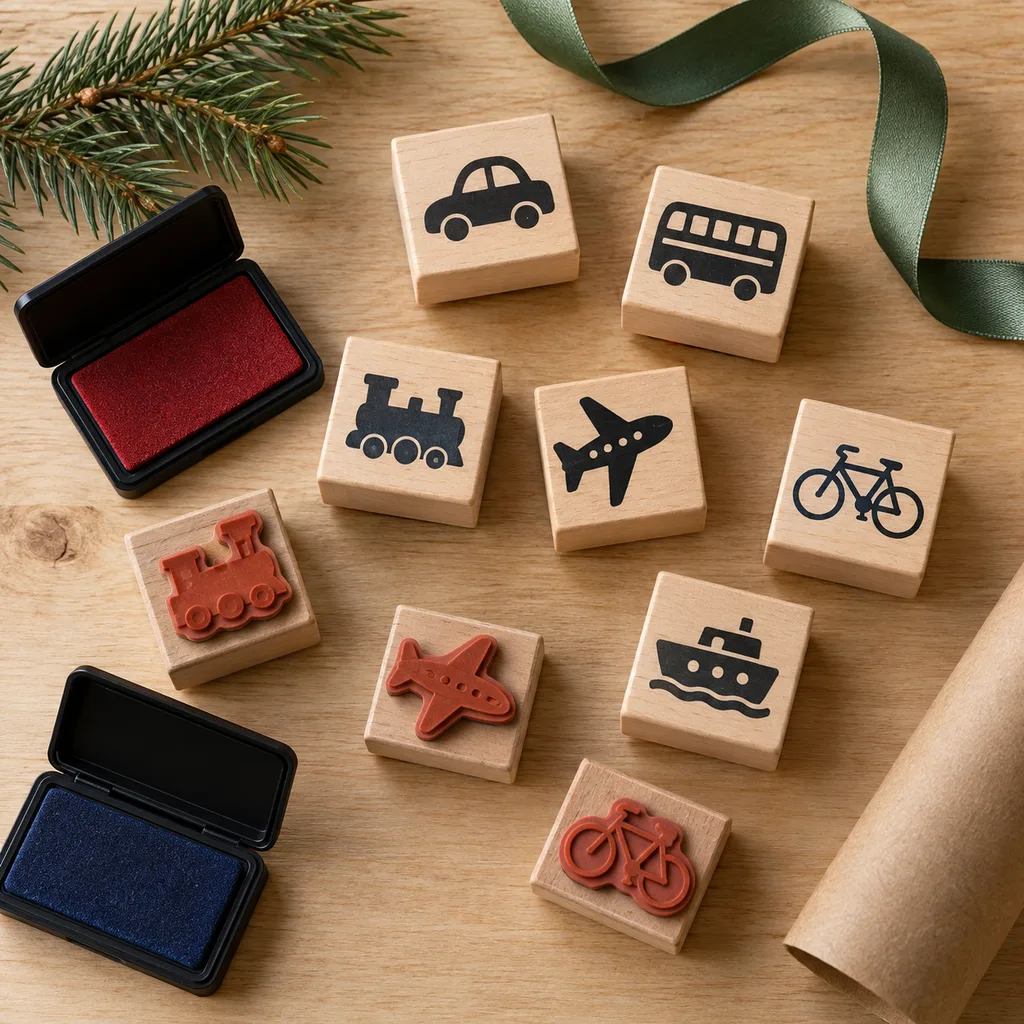 Representative photo-style image of fun vehicles and transport stamp set — generated, not a specific product