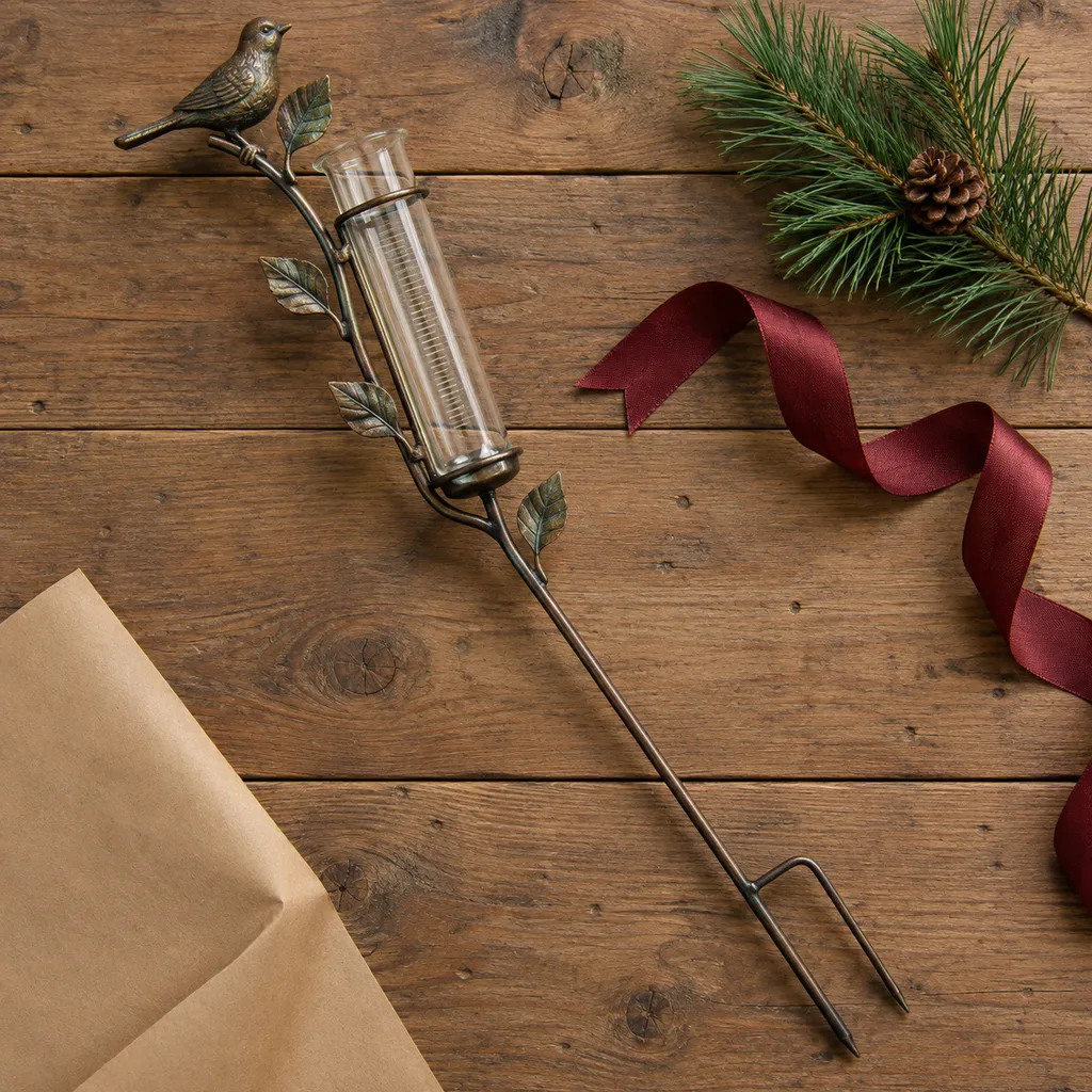 Representative photo-style image of functional decorative rain gauge — generated, not a specific product