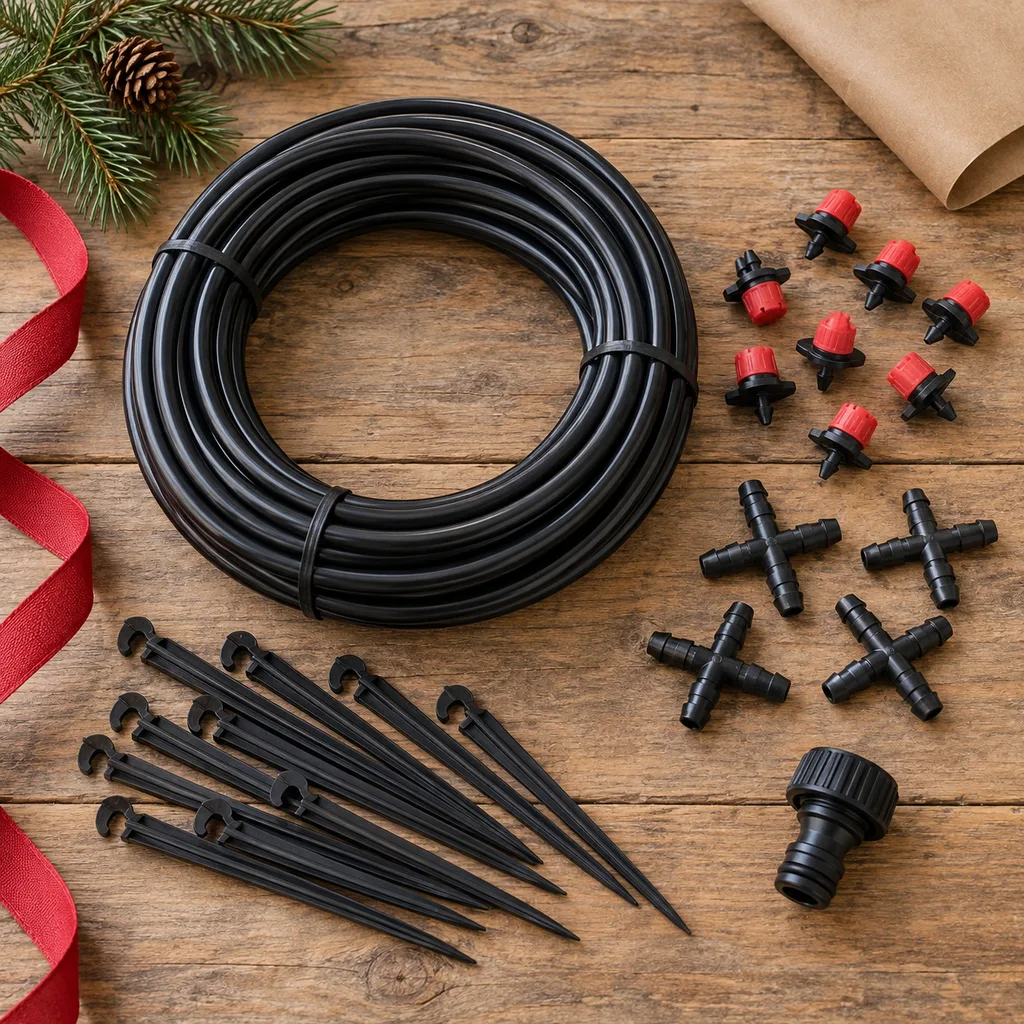 Representative photo-style image of garden drip irrigation kit — generated, not a specific product