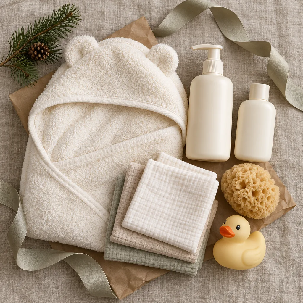 Representative photo-style image of gentle baby bath time gift set — generated, not a specific product