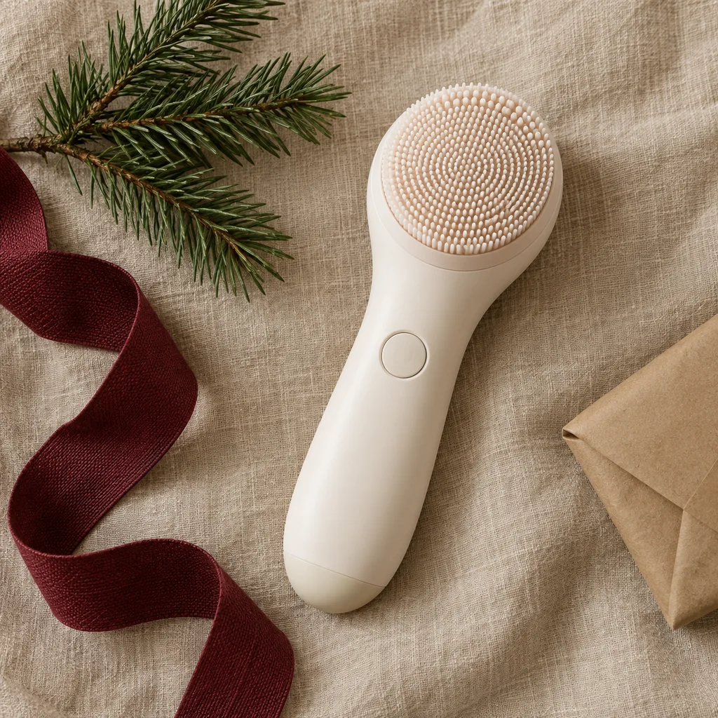 Representative photo-style image of gentle electric facial cleansing device — generated, not a specific product
