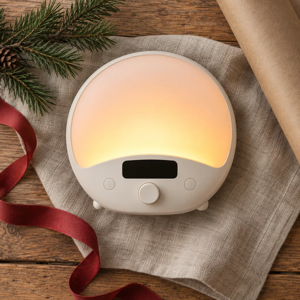 Representative photo-style image of gentle sunrise simulation alarm clock — generated, not a specific product