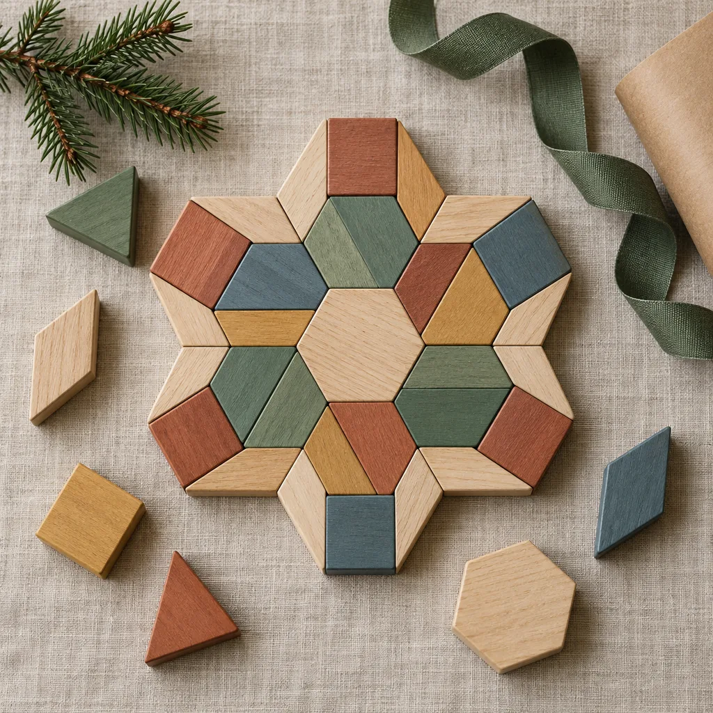 Representative photo-style image of geometric wooden pattern play blocks — generated, not a specific product