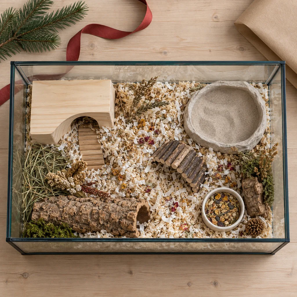 Representative photo-style image of gerbilarium tank habitat — generated, not a specific product