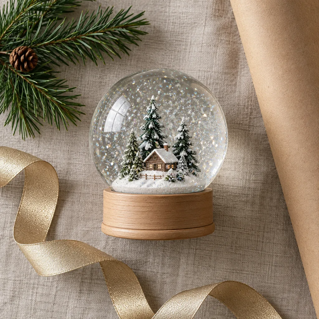 Representative photo-style image of glass dome glitter globe — generated, not a specific product