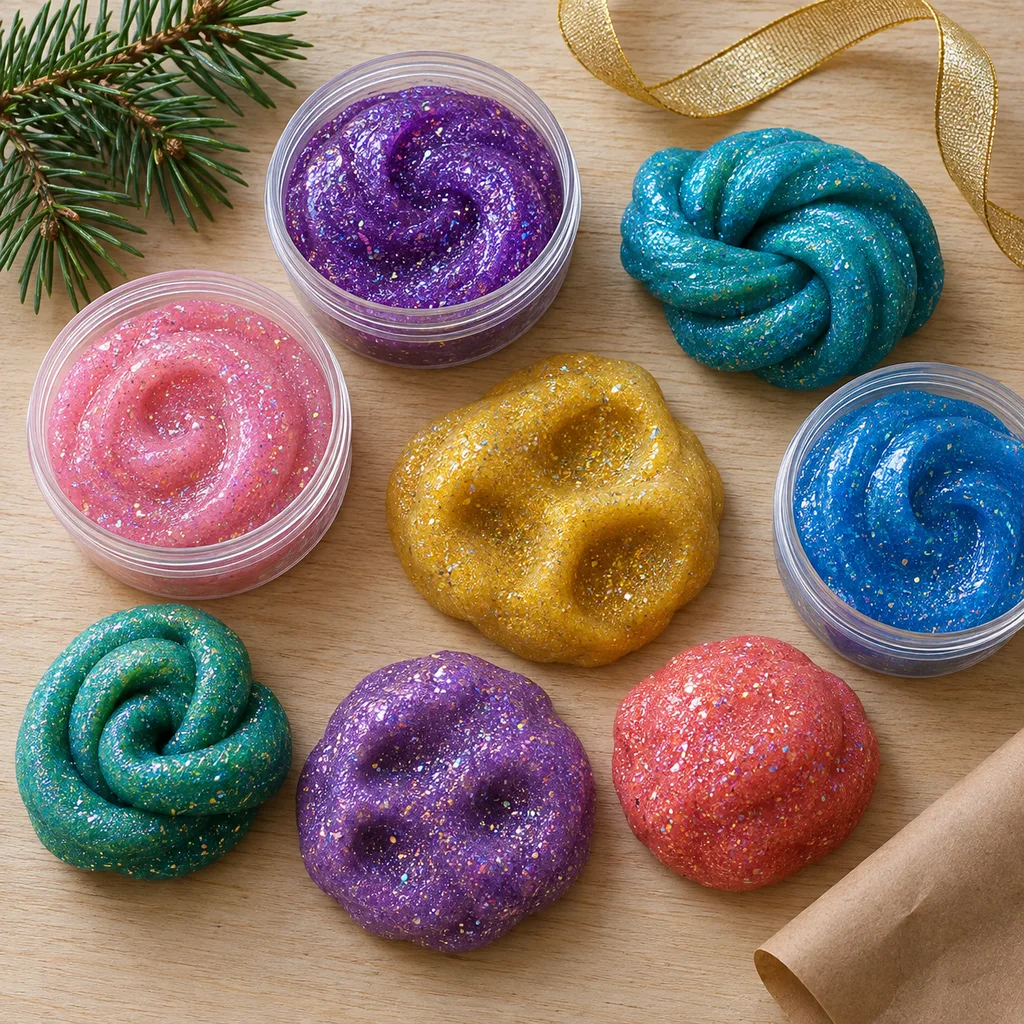 Representative photo-style image of glitter play putty collection — generated, not a specific product