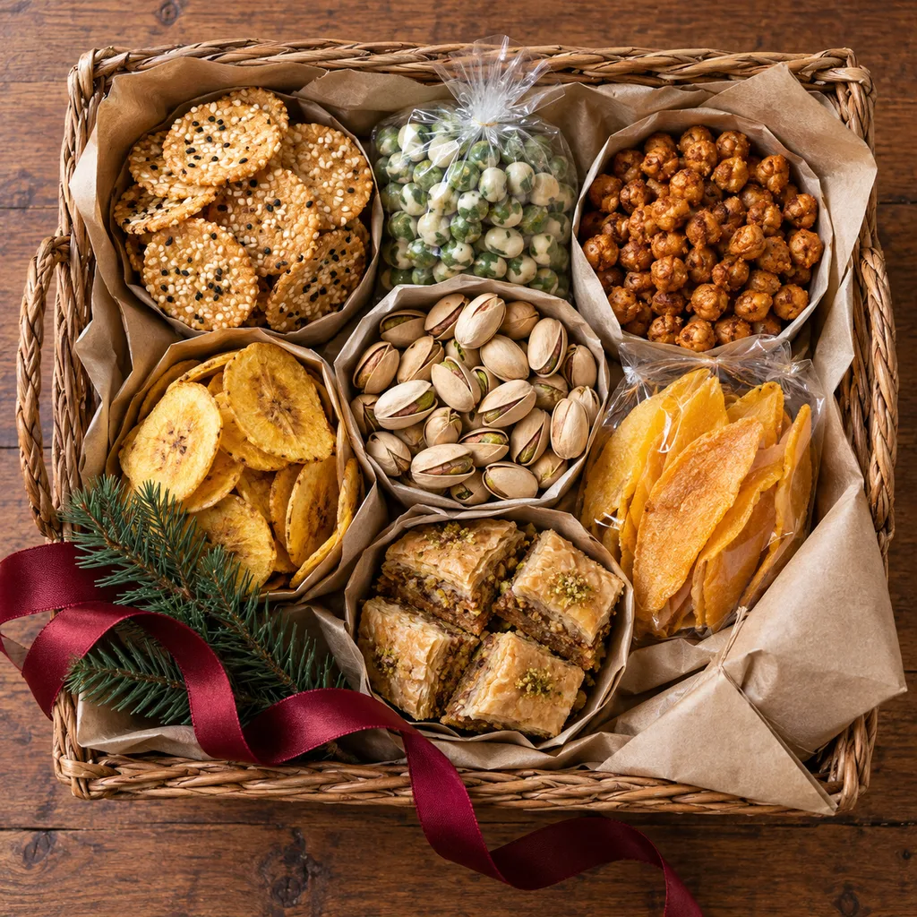 Representative photo-style image of global flavors snack exploration basket — generated, not a specific product
