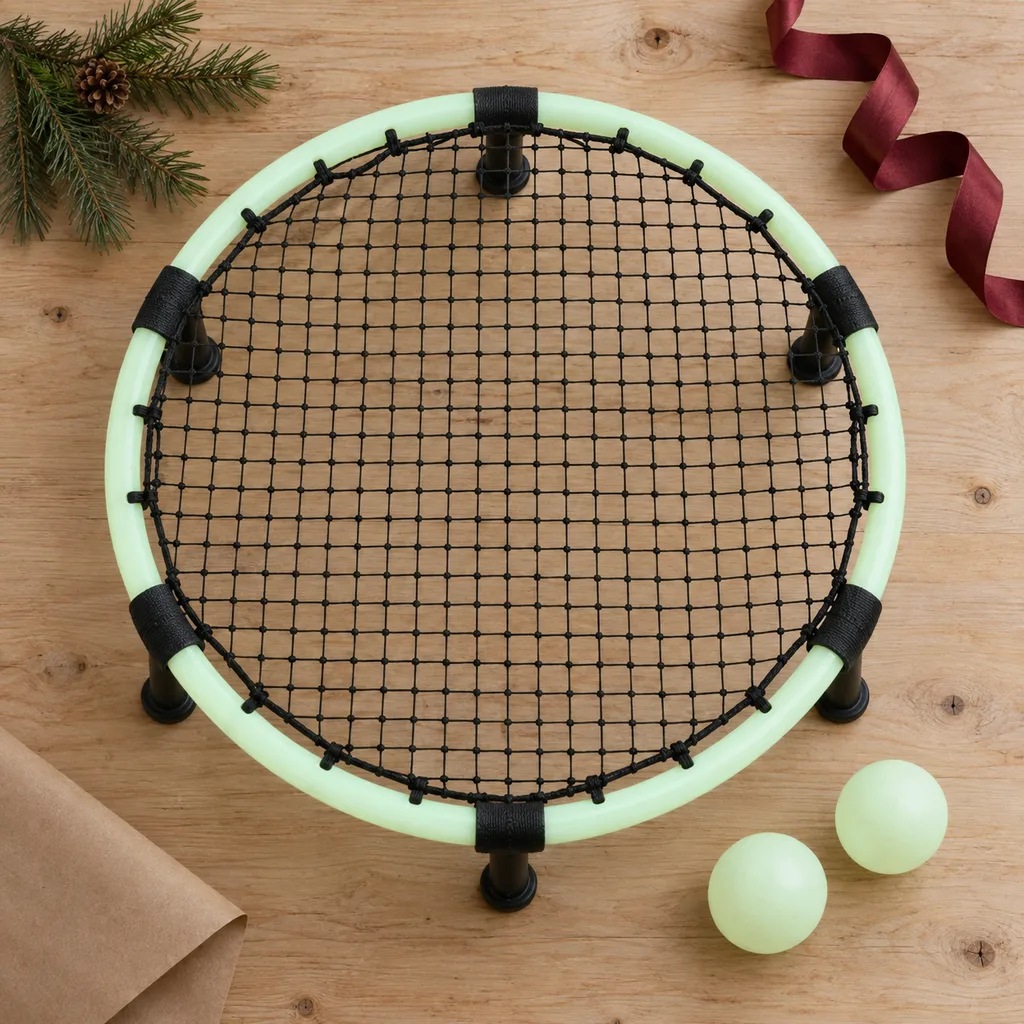 Representative photo-style image of glow-in-the-dark roundnet set — generated, not a specific product