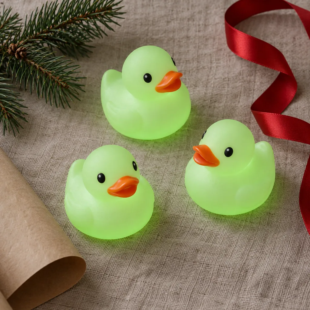 Representative photo-style image of glow-in-the-dark rubber ducks — generated, not a specific product