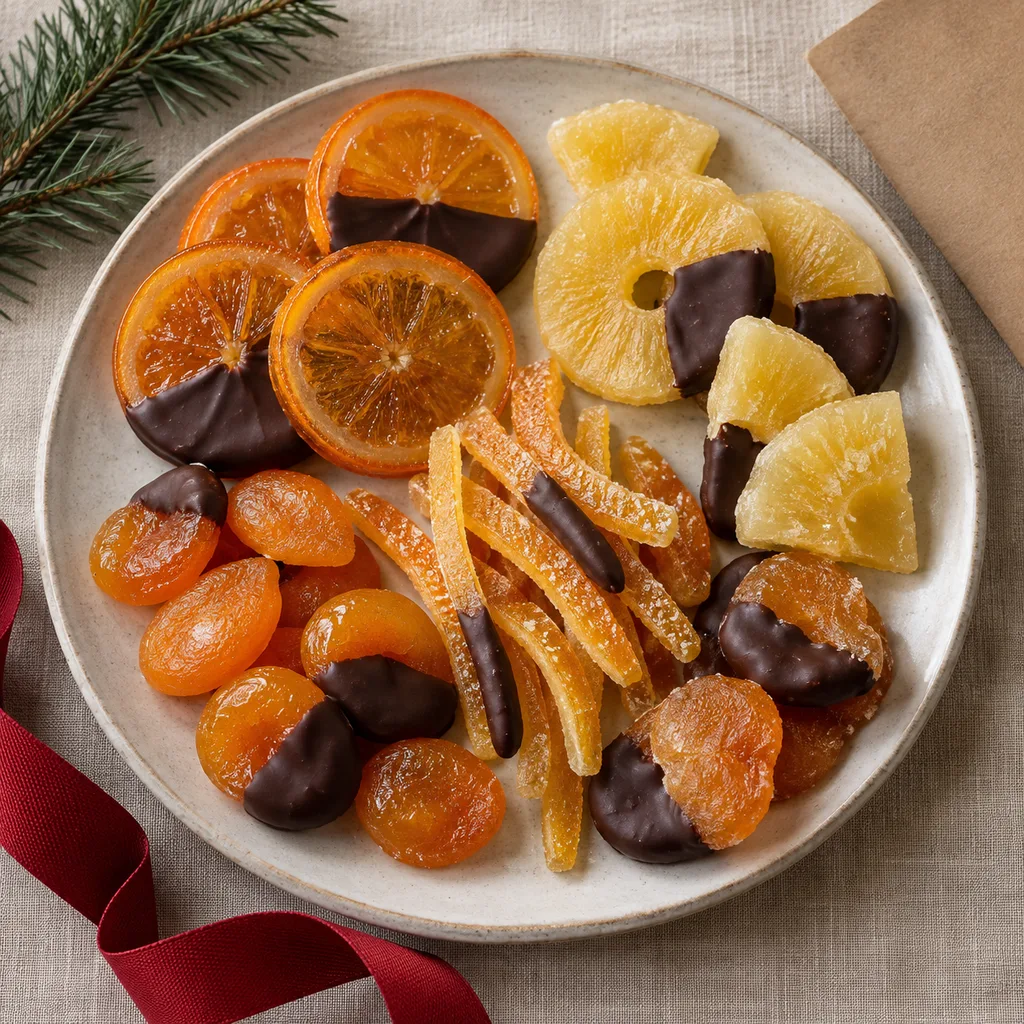 Representative photo-style image of gourmet candied fruit assortment — generated, not a specific product