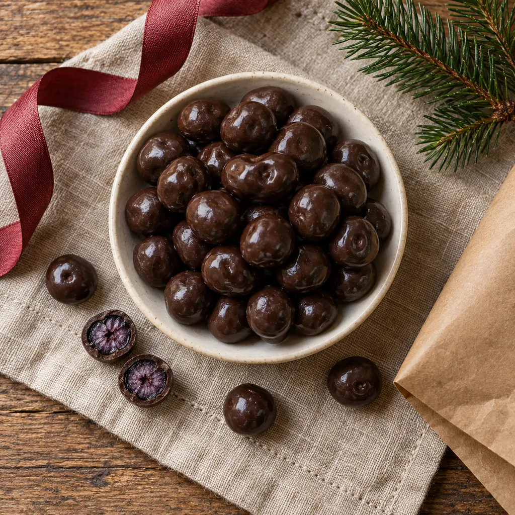 Representative photo-style image of gourmet chocolate covered blueberries — generated, not a specific product