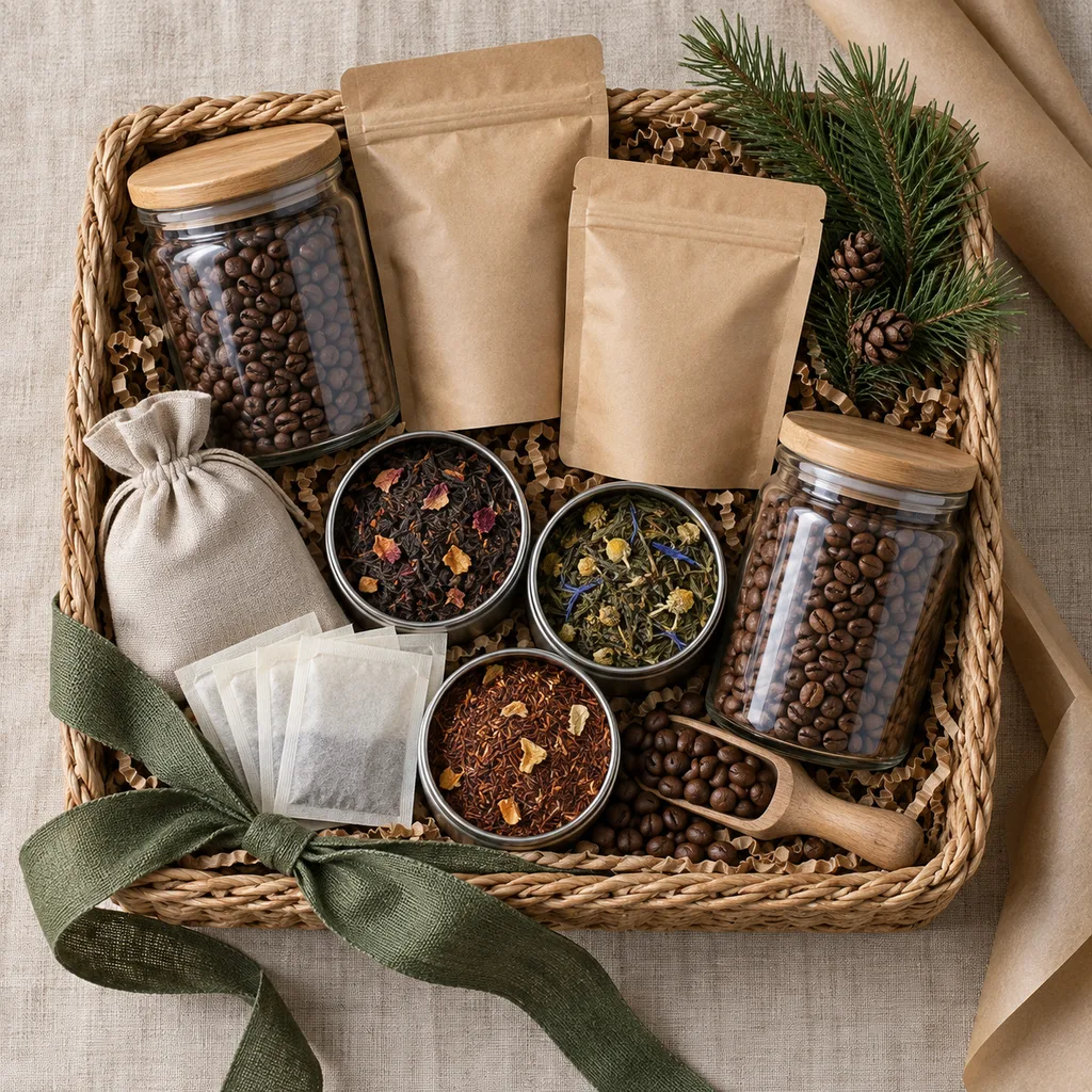 Representative photo-style image of gourmet coffee and tea selection basket — generated, not a specific product