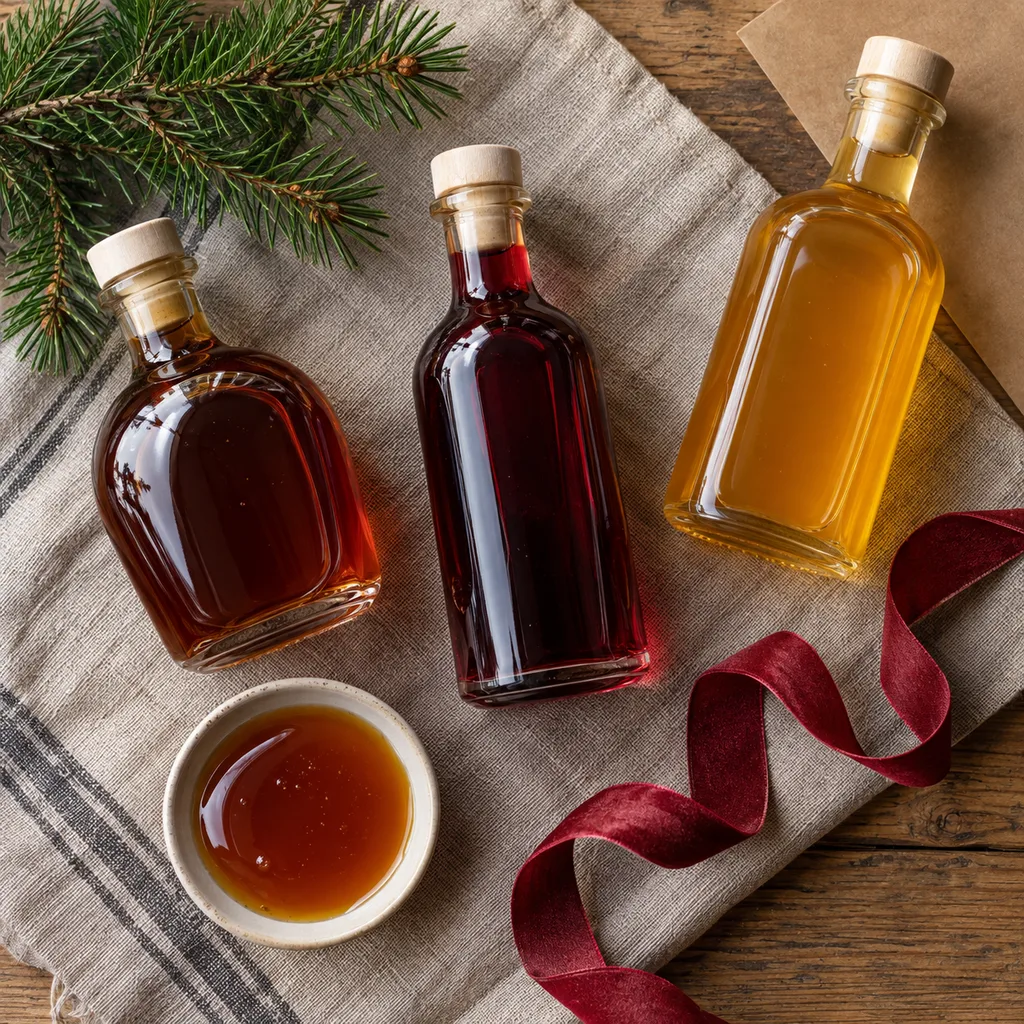 Representative photo-style image of gourmet dessert topping syrups — generated, not a specific product