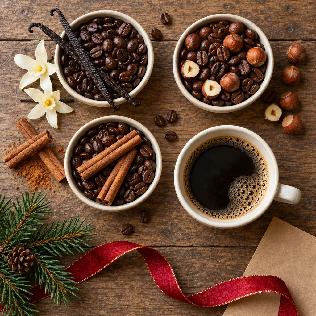 Representative photo-style image of gourmet flavored coffee selection — generated, not a specific product