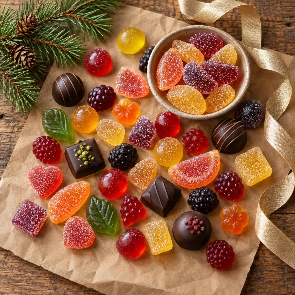 Representative photo-style image of gourmet gummy candy assortment — generated, not a specific product